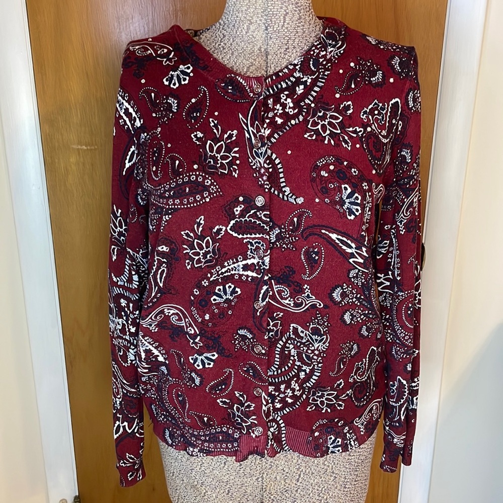 Croft & Barrow Womens Large Burgundy with Paisley Design Cardigan